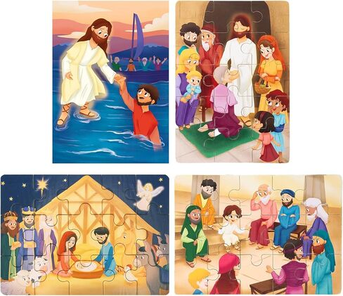 Bible Puzzles for Kids Ages 4-6 | 4-in-1 Wooden Jigsaw Puzzles in Box (15 pcs Each) | Christian Bible Religious Gifts for 3 4 5 Years | Easter Gifts for Kids (New Testament B) in Kuwait