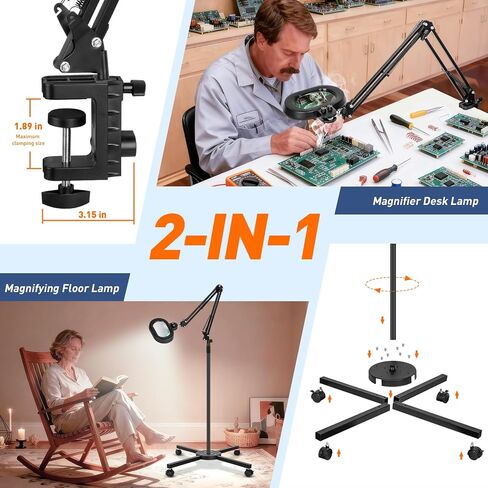 عدسة مكبرة أرضية كبيرة 12X من KIRKAS مع ضوء وحامل، لون لا نهائي قابل للتعتيم 2 في 1 مصباح مكبر مضاء للعمل الوثيق، والقراءة، والحرف اليدوية، والخياطة، والهوايات، وقاعدة ثابتة ثابتة ذات 4 عجلات in Kuwait