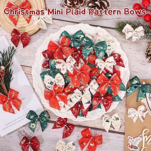 100PCS Christmas Mini Bows for Crafts 1.4" Satin Ribbon Plaid Bows for DIY Sewing Accessories Scrapbooking Christmas Gift Decorations Stocking Stuffers in Saudi Arabia
