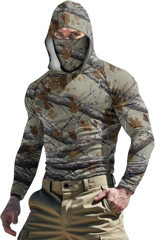 Fishing Shirts for Men with Hood & Face Mask - Mens Camouflage Hoodie Sun Protection Long Sleeve Muscle Shirt Workout in Saudi Arabia