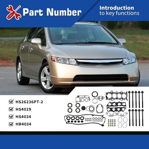 مجموعة حشية الرأس HS26236PT-2 مع مجموعة مسامير متوافقة مع Civic HX EX D17A2 D17A6 1.7L V-TEC 2001-2005، استبدل HS4029 HS4034 in Saudi Arabia
