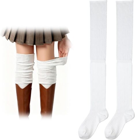 Bremorou Cute White Boot Socks Knee High Over Knee High Boot Sock Slouch Top Knit Fashion Thigh Sock Long Slouch Socks Leg Warmers White Thigh Stockings For Boots Women's in Saudi Arabia