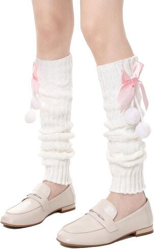 Long Lolita Kawaii Leg Warmers with Bow and Fur Balls for Women Harajuku Japanese Gyaru Leg Warmers Loose Socks in Kuwait