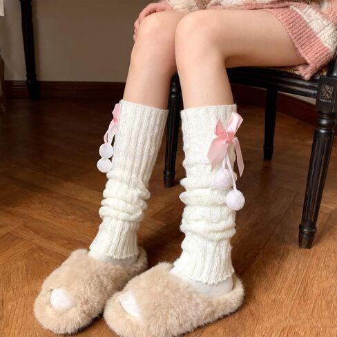 Long Lolita Kawaii Leg Warmers with Bow and Fur Balls for Women Harajuku Japanese Gyaru Leg Warmers Loose Socks in Kuwait