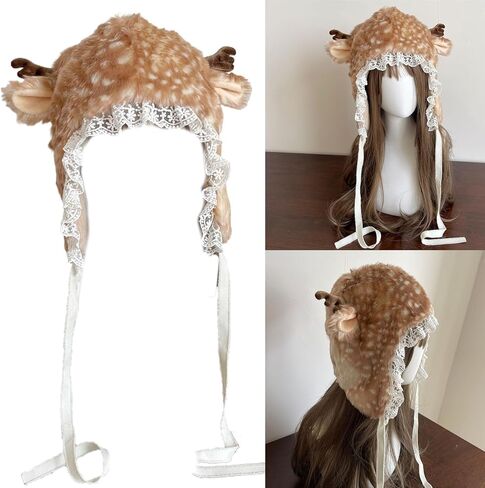 Furry Leg Warmer for Girls Cartoon Deer with Lace Brim Oversized Headgear Lovely Hat Cosplay Photo Props in Saudi Arabia