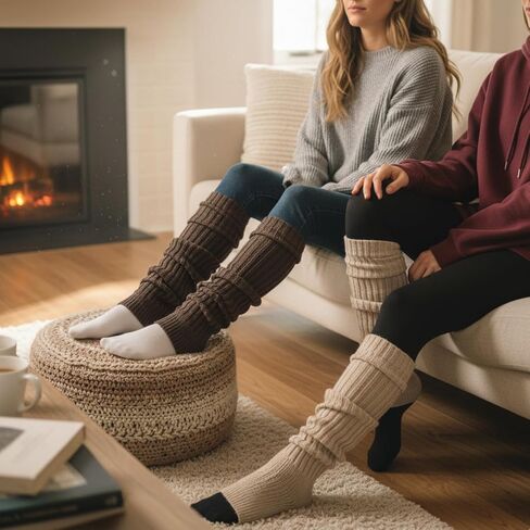 2-Pair Brown & Khaki Leg Warmers, Knit Stackable Ankle Sleeves for Women's Seasonal Wear in Saudi Arabia
