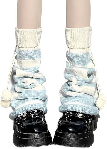 Grunge Kawaii Stylish Gothic Y2K Accessories Knitted Knee High Long Fluffy Balls Decor Striped Leg Warmers in Saudi Arabia