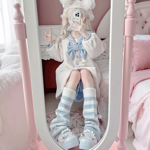 Grunge Kawaii Stylish Gothic Y2K Accessories Knitted Knee High Long Fluffy Balls Decor Striped Leg Warmers in Saudi Arabia