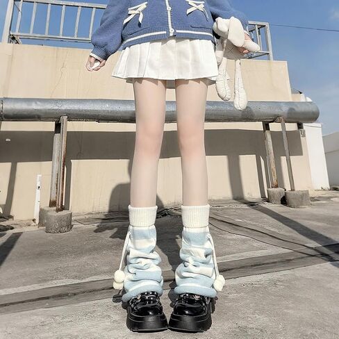 Grunge Kawaii Stylish Gothic Y2K Accessories Knitted Knee High Long Fluffy Balls Decor Striped Leg Warmers in Saudi Arabia