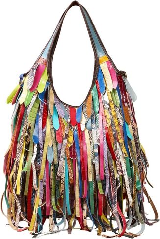 Colorful Hobo Handbag for Women Multicolor Leather Fringe Shoulder Bag Tassels Crossbody Purse Travel Shopper Satchel in Saudi Arabia