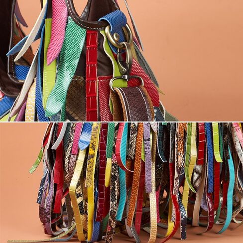 Colorful Hobo Handbag for Women Multicolor Leather Fringe Shoulder Bag Tassels Crossbody Purse Travel Shopper Satchel in Saudi Arabia