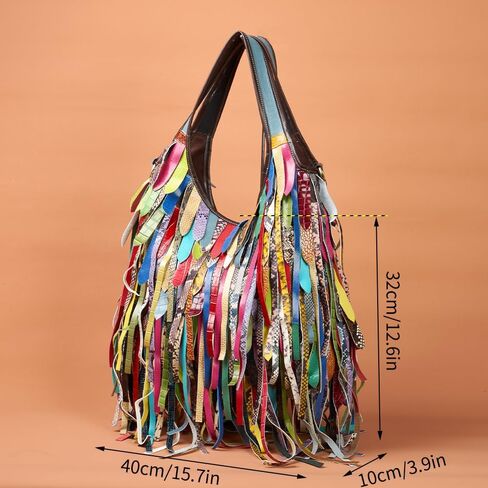 Colorful Hobo Handbag for Women Multicolor Leather Fringe Shoulder Bag Tassels Crossbody Purse Travel Shopper Satchel in Saudi Arabia