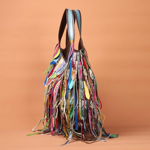 Colorful Hobo Handbag for Women Multicolor Leather Fringe Shoulder Bag Tassels Crossbody Purse Travel Shopper Satchel in Saudi Arabia