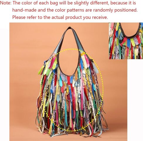 Colorful Hobo Handbag for Women Multicolor Leather Fringe Shoulder Bag Tassels Crossbody Purse Travel Shopper Satchel in Saudi Arabia