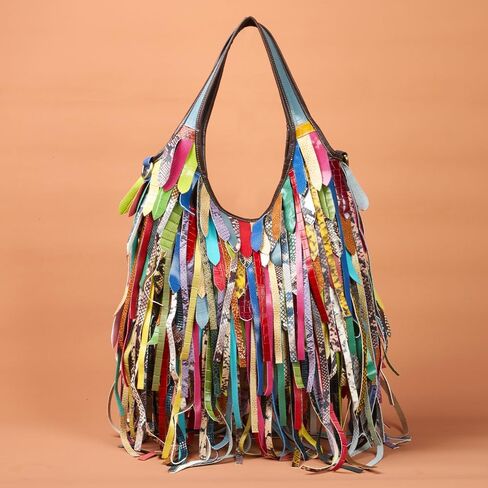 Colorful Hobo Handbag for Women Multicolor Leather Fringe Shoulder Bag Tassels Crossbody Purse Travel Shopper Satchel in Saudi Arabia