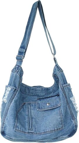 حقيبة كتف من الدينيم للنساء من القماش مع حقيبة يد هوبو خفيفة الوزن بسحاب وحقيبة يد كاجوال من الجينز in Kuwait