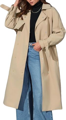 Women's Trench Coat Long Double-Breasted Belted Lapel Overcoat Lightweight Casual Windproof Spring Fall Jacket in Saudi Arabia