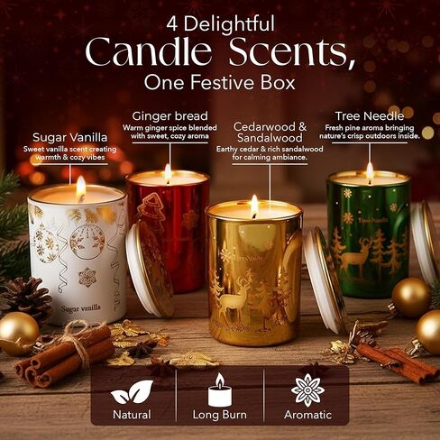 مجموعة هدايا شموع عيد الميلاد من Majestic Zen لديكور المنزل - شموع معطرة مع خشب الأرز والفانيليا والسكر وإبرة الشجرة - مجموعة هدايا شموع عيد الميلاد للنساء والرجال - عطر منزلي احتفالي - 4 عبوات in Kuwait