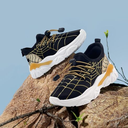 Boys Girls Sneakers for Kids Lightweight Cartoon Graffiti Casual Breathable Athletic Running Walking Shoes Toddler/Little Kid/Big Kid Black/Golden in Saudi Arabia