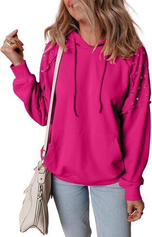 KevaMolly Womens Long Sleeve Solid Color Rivet Stud Raglan Sleeve Hoodie with Pocket Casual Studded Pullover Top in Saudi Arabia