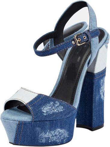 Large Size Fashion Women's Sexy Denim Sandals, Sweet Peep Toe Mixed Colors High Heels for Party, Banquet And Catwalk in Kuwait