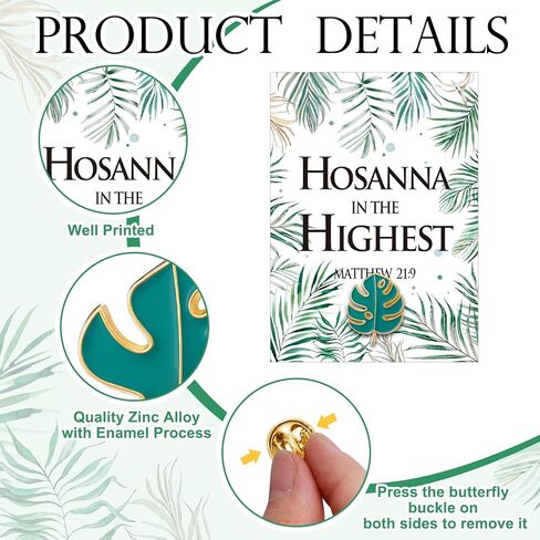 60 قطعة/30 مجموعة من دبابيس المينا Hosanna مع بطاقة أوراق النخيل تتضمن 30 قطعة من دبابيس طية صدر السترة من Palm Sunday و30 بطاقة ماثيو دينية 21:9 لموسم عيد الفصح للرجال والنساء وجوائز الكنيسة وهدايا الحفلات in Saudi Arabia