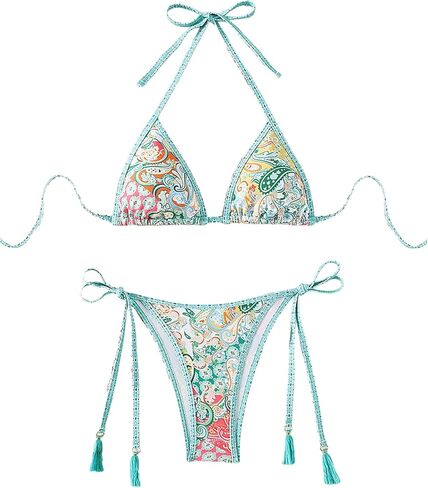 MakeMeChic Women's 2 Piece Bikini Set Paisley Halter Tie Back String Thong Bathing Suit in Saudi Arabia