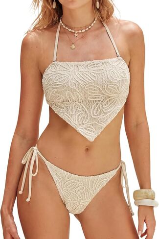 ZAFUL Womens Crochet Bikini Sets Halter String Two Piece Swimsuits Cheeky Bandeau Side Tie High Cut Bathing Suit 2026 in Saudi Arabia