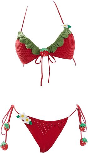 haikyuu Women Strawberry Bikini Crochet Swimsuit Tie Side Two Piece Bathing Suit Halter Triangle Cute Swimwear in Saudi Arabia