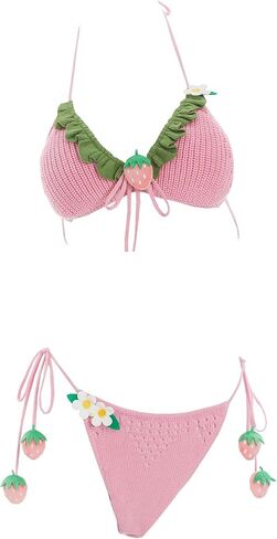 haikyuu Women Strawberry Bikini Crochet Swimsuit Tie Side Two Piece Bathing Suit Halter Triangle Cute Swimwear in Saudi Arabia