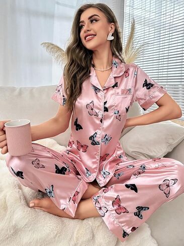 Women's Satin Pajamas Set Pink Butterfly Print Button Down Long Pants Sleepwear Two Piece in Saudi Arabia