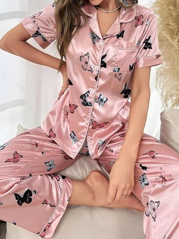 Women's Satin Pajamas Set Pink Butterfly Print Button Down Long Pants Sleepwear Two Piece in Saudi Arabia