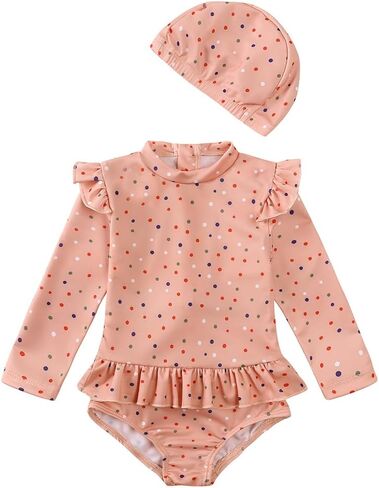 Kids Tales Girls Swimsuit with Hat Toddler One Piece Ruffles Swimwear Long Sleeve Rash Guard Printed Zipper Bathing Suit in Kuwait