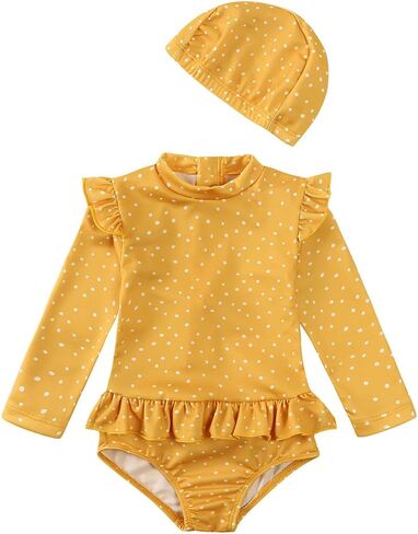 Kids Tales Girls Swimsuit with Hat Toddler One Piece Ruffles Swimwear Long Sleeve Rash Guard Printed Zipper Bathing Suit in Saudi Arabia