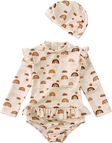 Kids Tales Girls Swimsuit with Hat Toddler One Piece Ruffles Swimwear Long Sleeve Rash Guard Printed Zipper Bathing Suit in Saudi Arabia