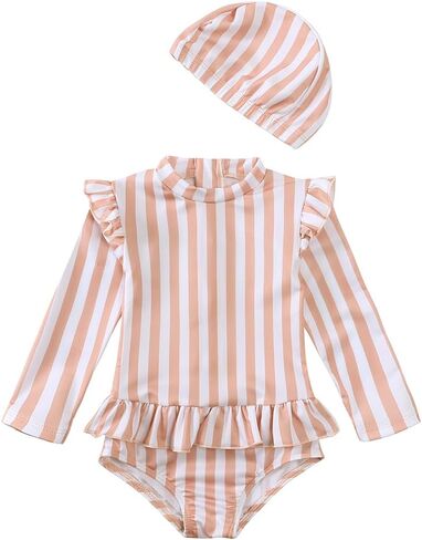 Kids Tales Girls Swimsuit with Hat Toddler One Piece Ruffles Swimwear Long Sleeve Rash Guard Printed Zipper Bathing Suit in Saudi Arabia