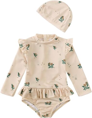 Kids Tales Girls Swimsuit with Hat Toddler One Piece Ruffles Swimwear Long Sleeve Rash Guard Printed Zipper Bathing Suit in Saudi Arabia