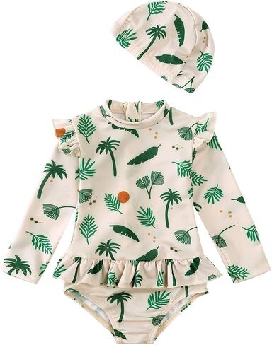 Kids Tales Girls Swimsuit with Hat Toddler One Piece Ruffles Swimwear Long Sleeve Rash Guard Printed Zipper Bathing Suit in Saudi Arabia