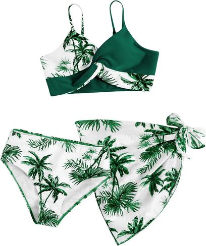 Girl's 3 Piece Swimsuits Printed Twisted Bikini Set with Cover Up Skirt Beachwear in Saudi Arabia