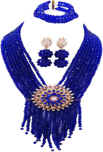 8 صفوف الملكي الأزرق زي الخرز الأفريقي النيجيري قلادة الزفاف مجموعات مجوهرات الزفاف للنساء in Kuwait