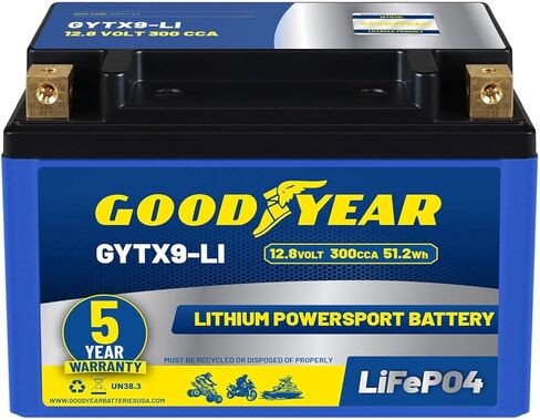Goodyear GYTX9-LI Lithium LiFePO4 12.8V 300CCA Rechargeable High Performance Powersport Battery with Smart BMS Replacement for Motorcycle, ATV, UTV, Scooter, Watercraft, Jet Ski, and Snowmobile in Saudi Arabia