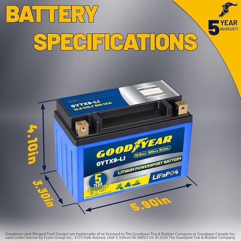 Goodyear GYTX9-LI Lithium LiFePO4 12.8V 300CCA Rechargeable High Performance Powersport Battery with Smart BMS Replacement for Motorcycle, ATV, UTV, Scooter, Watercraft, Jet Ski, and Snowmobile in Saudi Arabia