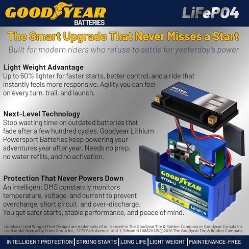 Goodyear GYTX9-LI Lithium LiFePO4 12.8V 300CCA Rechargeable High Performance Powersport Battery with Smart BMS Replacement for Motorcycle, ATV, UTV, Scooter, Watercraft, Jet Ski, and Snowmobile in Saudi Arabia