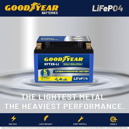 Goodyear GYTX9-LI Lithium LiFePO4 12.8V 300CCA Rechargeable High Performance Powersport Battery with Smart BMS Replacement for Motorcycle, ATV, UTV, Scooter, Watercraft, Jet Ski, and Snowmobile in Saudi Arabia