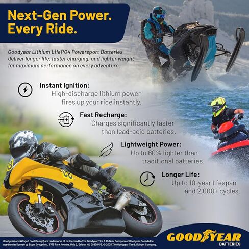 Goodyear GYTX9-LI Lithium LiFePO4 12.8V 300CCA Rechargeable High Performance Powersport Battery with Smart BMS Replacement for Motorcycle, ATV, UTV, Scooter, Watercraft, Jet Ski, and Snowmobile in Saudi Arabia