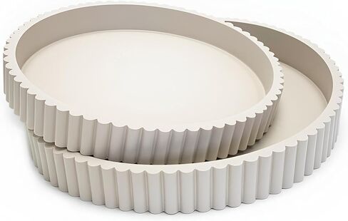 Modern Table Round Decorative Trays 2pcs Home Decor - Circle Coffee Table Centerpiece Set 12"/10" - Wooden Warm Grey Ottoman Tray with Fluted Edge in Saudi Arabia
