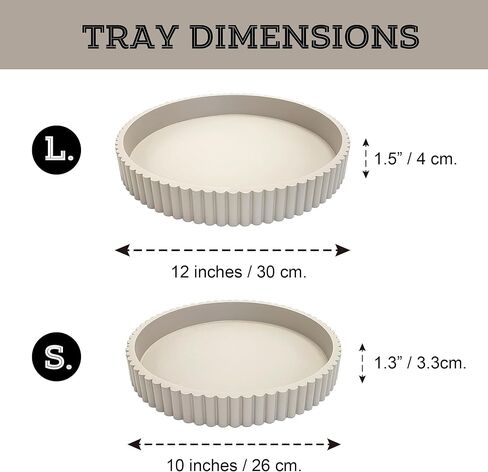Modern Table Round Decorative Trays 2pcs Home Decor - Circle Coffee Table Centerpiece Set 12"/10" - Wooden Warm Grey Ottoman Tray with Fluted Edge in Saudi Arabia