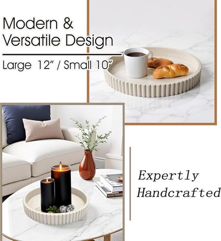 Modern Table Round Decorative Trays 2pcs Home Decor - Circle Coffee Table Centerpiece Set 12"/10" - Wooden Warm Grey Ottoman Tray with Fluted Edge in Saudi Arabia