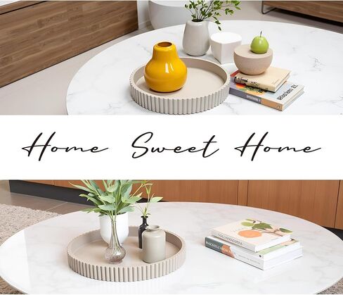 Modern Table Round Decorative Trays 2pcs Home Decor - Circle Coffee Table Centerpiece Set 12"/10" - Wooden Warm Grey Ottoman Tray with Fluted Edge in Saudi Arabia