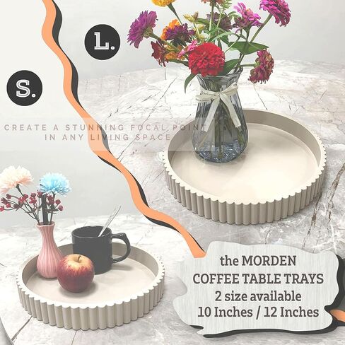 Modern Table Round Decorative Trays 2pcs Home Decor - Circle Coffee Table Centerpiece Set 12"/10" - Wooden Warm Grey Ottoman Tray with Fluted Edge in Saudi Arabia